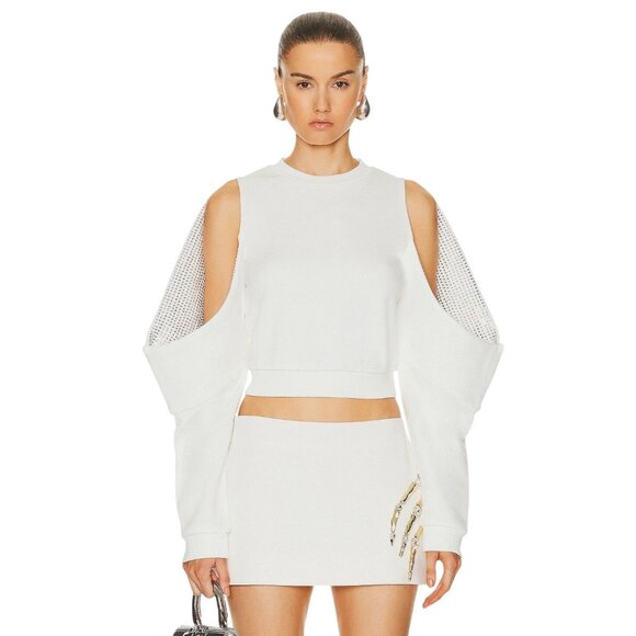 AREA Crystal Embellished Cold Shoulder Sweatshirt in Off White Medium New Womens - Picture 1 of 15